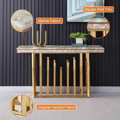 HMR - 59.1" Modern Marble Console Table Narrow Entryway Table with Gold Stainless Steel Base