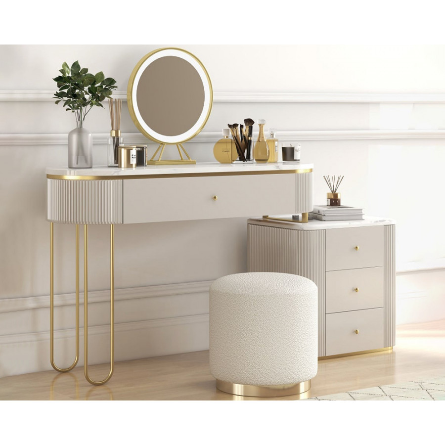 HMR - Oboval Modern Makeup Vanity Table with Side Cabinet 4 Drawers & Faux Marble Top in White