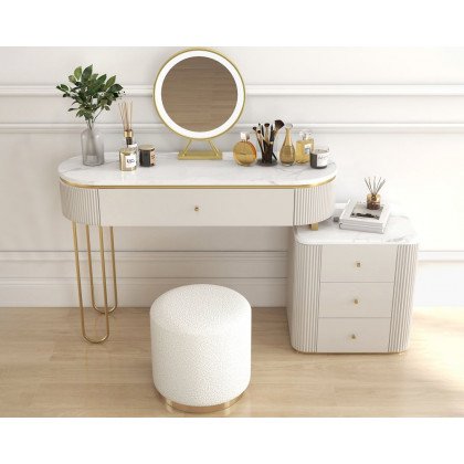HMR - Oboval Modern Makeup Vanity Table with Side Cabinet 4 Drawers & Faux Marble Top in White