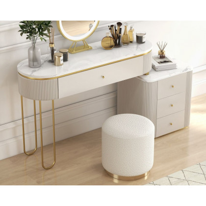 HMR - Oboval Modern Makeup Vanity Table with Side Cabinet 4 Drawers & Faux Marble Top in White