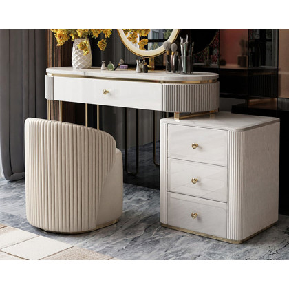 HMR - Oboval Modern Makeup Vanity Table with Side Cabinet 4 Drawers & Faux Marble Top in White