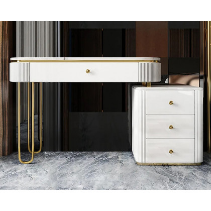 HMR - Oboval Modern Makeup Vanity Table with Side Cabinet 4 Drawers & Faux Marble Top in White