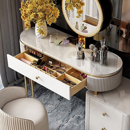 HMR - Oboval Modern Makeup Vanity Table with Side Cabinet 4 Drawers & Faux Marble Top in White