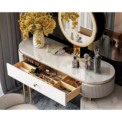 HMR - Oboval Modern Makeup Vanity Table with Side Cabinet 4 Drawers & Faux Marble Top in White