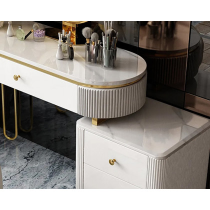 HMR - Oboval Modern Makeup Vanity Table with Side Cabinet 4 Drawers & Faux Marble Top in White