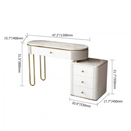 HMR - Oboval Modern Makeup Vanity Table with Side Cabinet 4 Drawers & Faux Marble Top in White