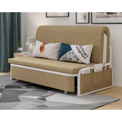 HMR Modern 2-Seater Linen Sleeper Sofa with Trundle - Khaki, Queen Size