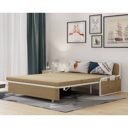 HMR Modern 2-Seater Linen Sleeper Sofa with Trundle - Khaki, Queen Size
