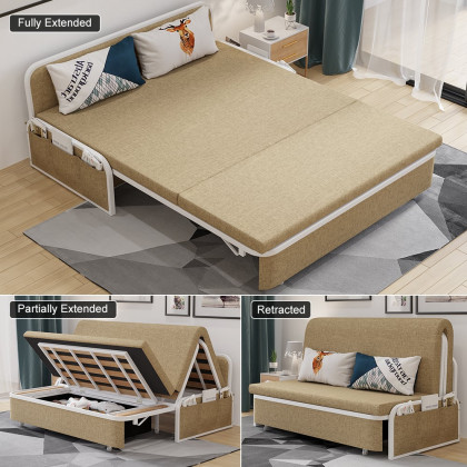 HMR Modern 2-Seater Linen Sleeper Sofa with Trundle - Khaki, Queen Size