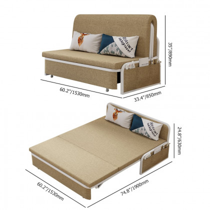HMR Modern 2-Seater Linen Sleeper Sofa with Trundle - Khaki, Queen Size
