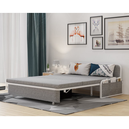HMR Modern 2-Seater Linen Sleeper Sofa with Trundle - Light Gray, Queen Size