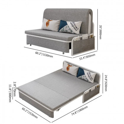 HMR Modern 2-Seater Linen Sleeper Sofa with Trundle - Light Gray, Queen Size