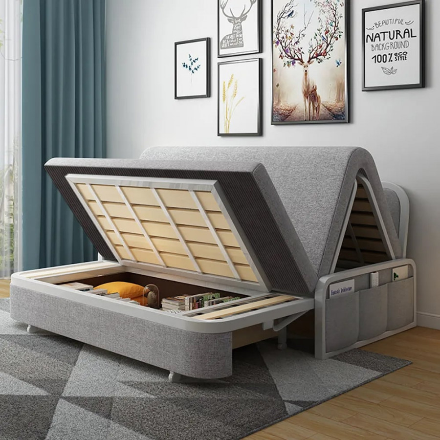 HMR Modern 3-Seater Linen Sleeper Sofa with Trundle - Light Gray, King Size