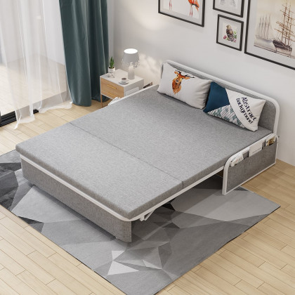 HMR Modern 3-Seater Linen Sleeper Sofa with Trundle - Light Gray, King Size