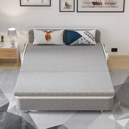HMR Modern 3-Seater Linen Sleeper Sofa with Trundle - Light Gray, King Size