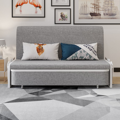 HMR Modern 3-Seater Linen Sleeper Sofa with Trundle - Light Gray, King Size
