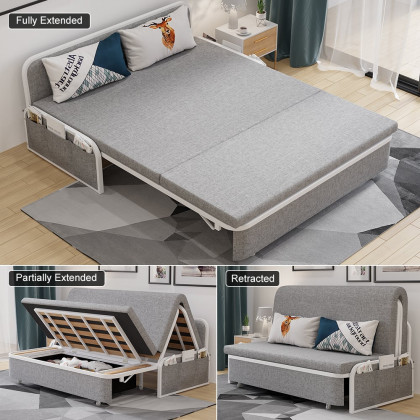 HMR Modern 3-Seater Linen Sleeper Sofa with Trundle - Light Gray, King Size