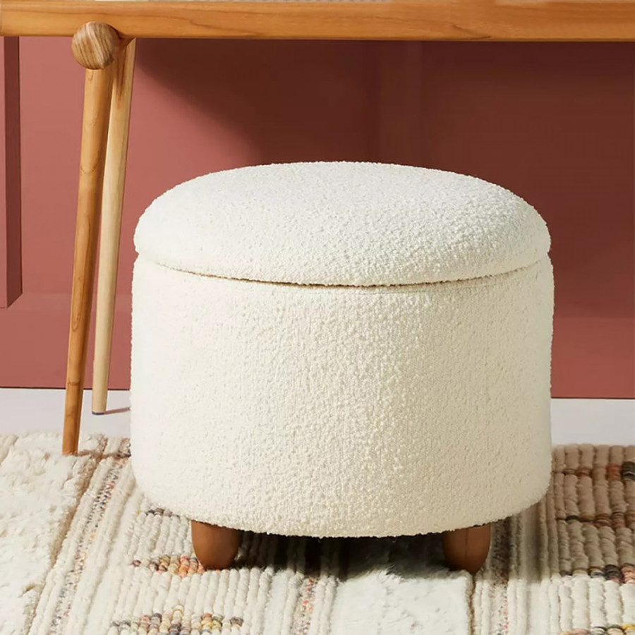 HMR - Modern White Boucle Vanity Stool with Lifted Top Storage Round Ottoman with Walnut Legs