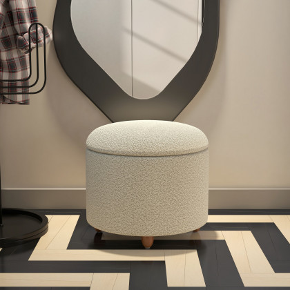 HMR - Modern White Boucle Vanity Stool with Lifted Top Storage Round Ottoman with Walnut Legs