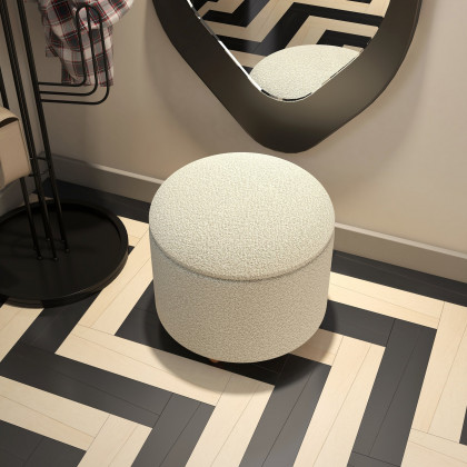 HMR - Modern White Boucle Vanity Stool with Lifted Top Storage Round Ottoman with Walnut Legs