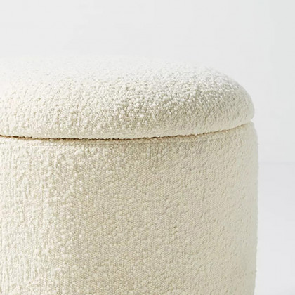 HMR - Modern White Boucle Vanity Stool with Lifted Top Storage Round Ottoman with Walnut Legs