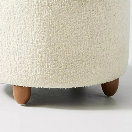 HMR - Modern White Boucle Vanity Stool with Lifted Top Storage Round Ottoman with Walnut Legs