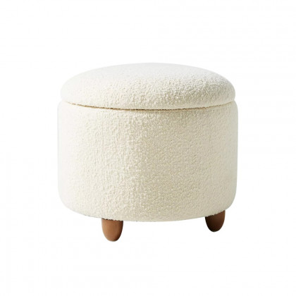 HMR - Modern White Boucle Vanity Stool with Lifted Top Storage Round Ottoman with Walnut Legs
