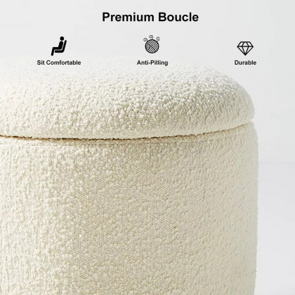 HMR - Modern White Boucle Vanity Stool with Lifted Top Storage Round Ottoman with Walnut Legs