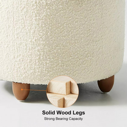HMR - Modern White Boucle Vanity Stool with Lifted Top Storage Round Ottoman with Walnut Legs