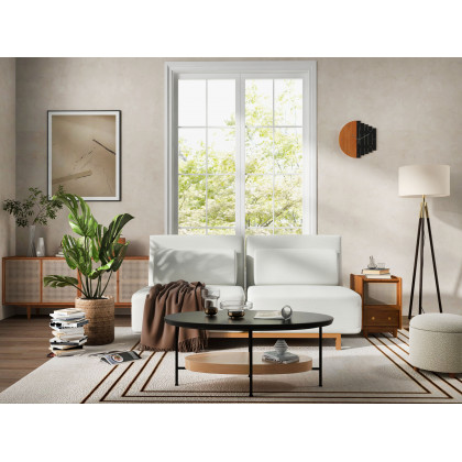 HMR - Modern White Boucle Vanity Stool with Lifted Top Storage Round Ottoman with Walnut Legs