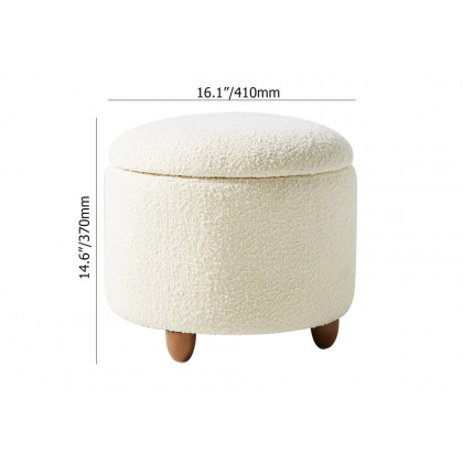 HMR - Modern White Boucle Vanity Stool with Lifted Top Storage Round Ottoman with Walnut Legs