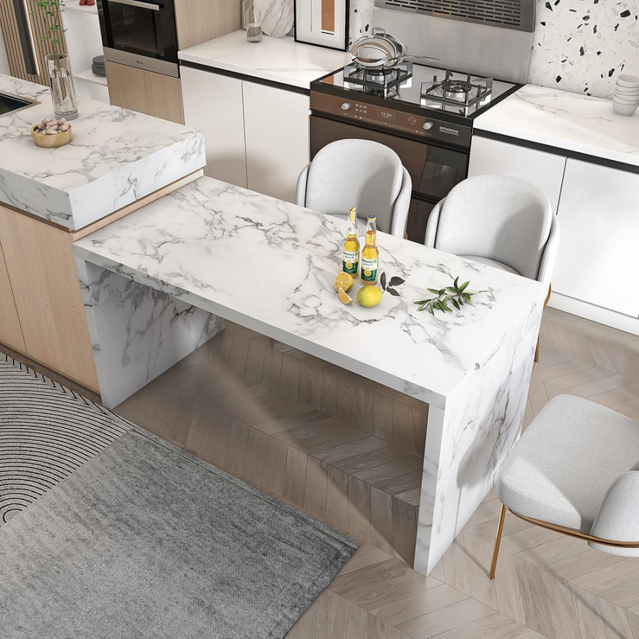 HMR - 47" Modern White Kitchen Island Rectangular Marble Veneered Top