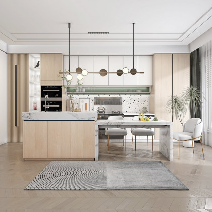 HMR - 47" Modern White Kitchen Island Rectangular Marble Veneered Top