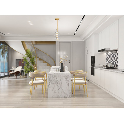 HMR - 47" Modern White Kitchen Island Rectangular Marble Veneered Top