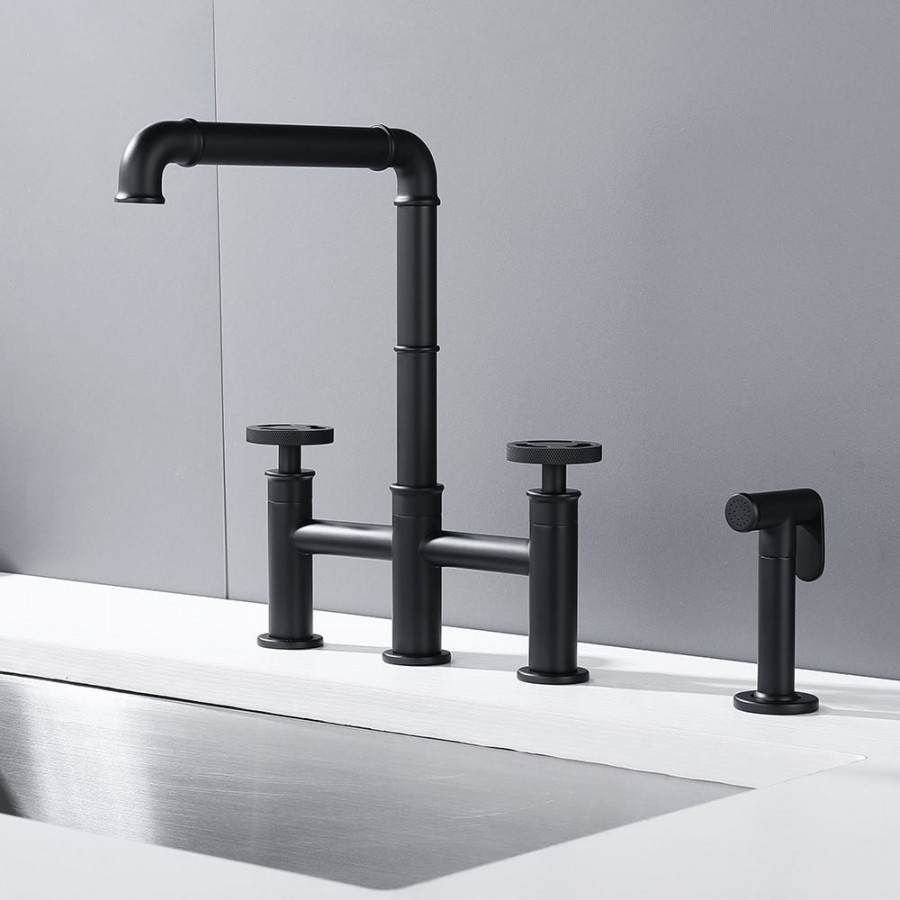 HMR - Ruth Industrial 2-Handle Centerset Kitchen Faucet with 1 Pull-out Sprayer Bridge-Shaped