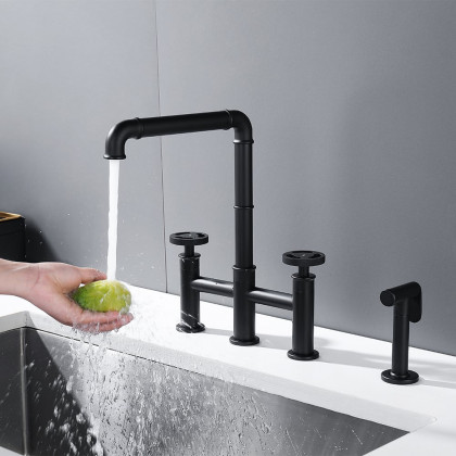 HMR - Ruth Industrial 2-Handle Centerset Kitchen Faucet with 1 Pull-out Sprayer Bridge-Shaped