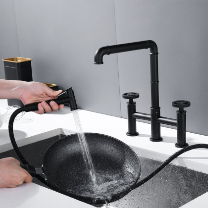 HMR - Ruth Industrial 2-Handle Centerset Kitchen Faucet with 1 Pull-out Sprayer Bridge-Shaped