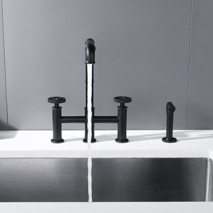 HMR - Ruth Industrial 2-Handle Centerset Kitchen Faucet with 1 Pull-out Sprayer Bridge-Shaped
