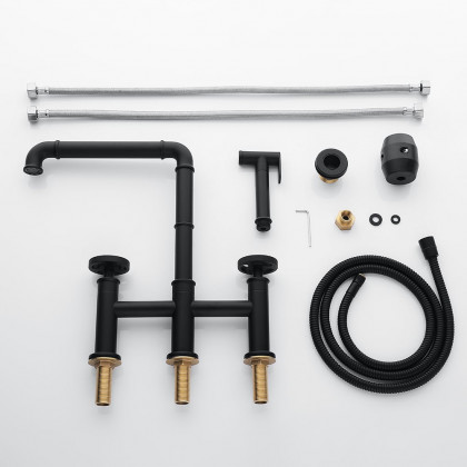 HMR - Ruth Industrial 2-Handle Centerset Kitchen Faucet with 1 Pull-out Sprayer Bridge-Shaped