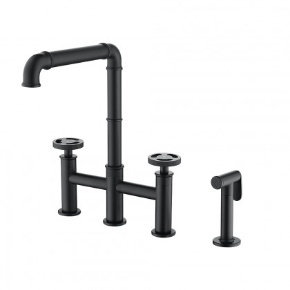 HMR - Ruth Industrial 2-Handle Centerset Kitchen Faucet with 1 Pull-out Sprayer Bridge-Shaped