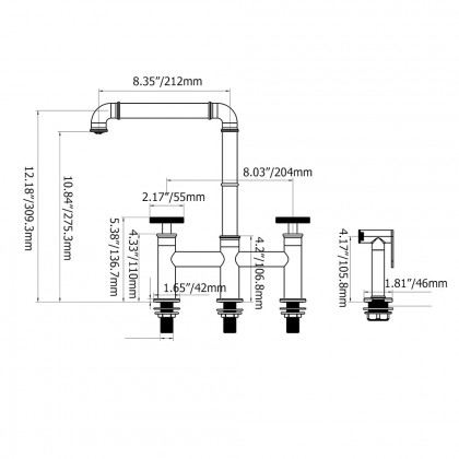 HMR - Ruth Industrial 2-Handle Centerset Kitchen Faucet with 1 Pull-out Sprayer Bridge-Shaped