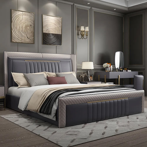 HMR Modern Upholstered Bed Platform Bed Frame with Wingback Headboard - Gray, Cal King Size