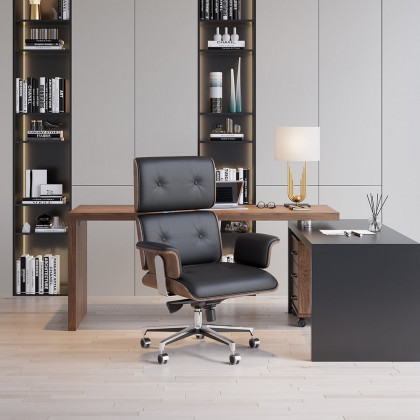 HMR Modern Home Office Chair Swivel Upholstered Wooden Office Chair Adjustable Height - Black