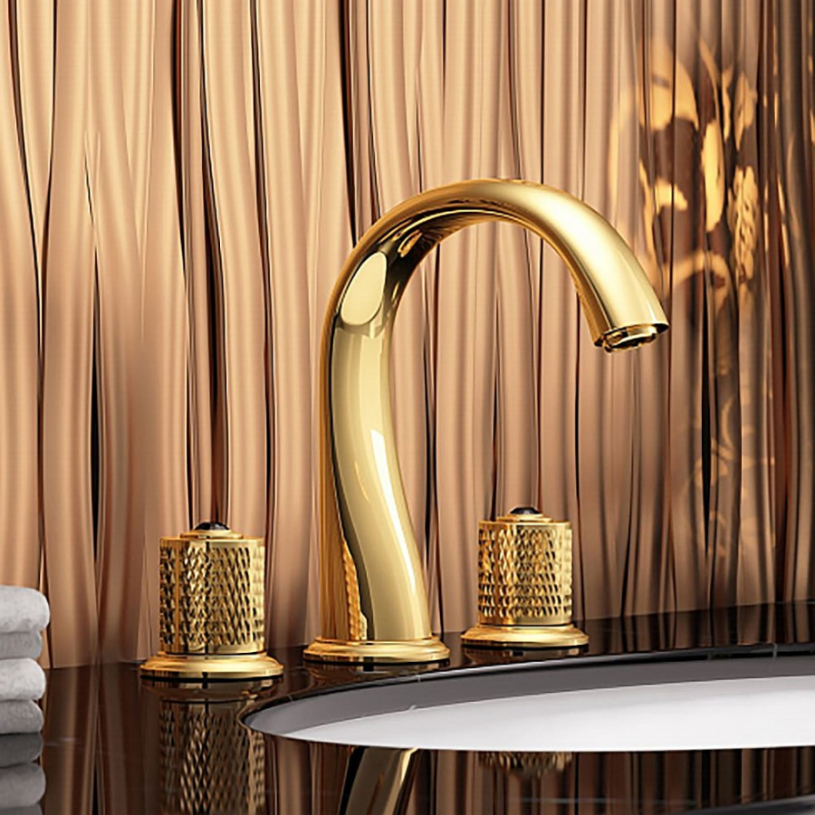 HMR - Gold Modern Bathroom Widespread Sink Faucet Double Handle Brass