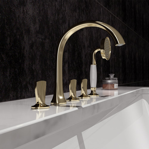 HMR Veric Deck Mounted Roman Bathtub Faucet with Handshower Solid Brass - Gold