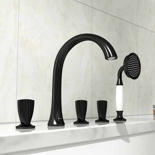 HMR Veric Deck Mounted Roman Bathtub Faucet with Handshower Solid Brass - Black