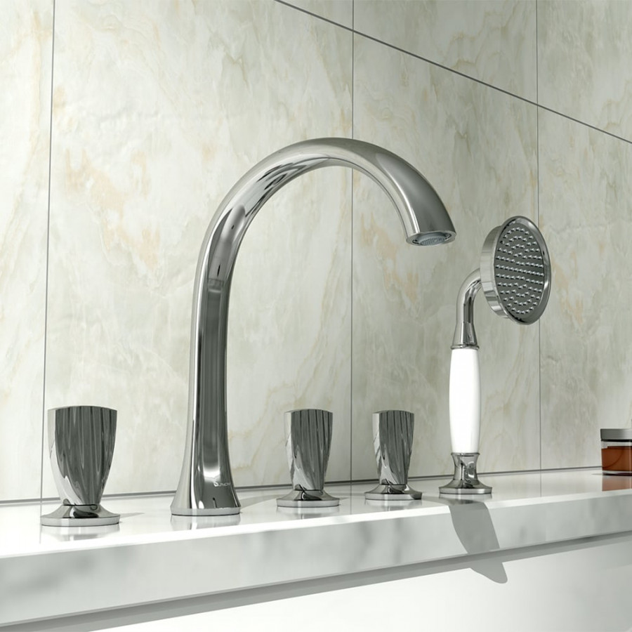 HMR - Veric Deck Mounted Roman Bathtub Faucet with Handshower Solid Brass