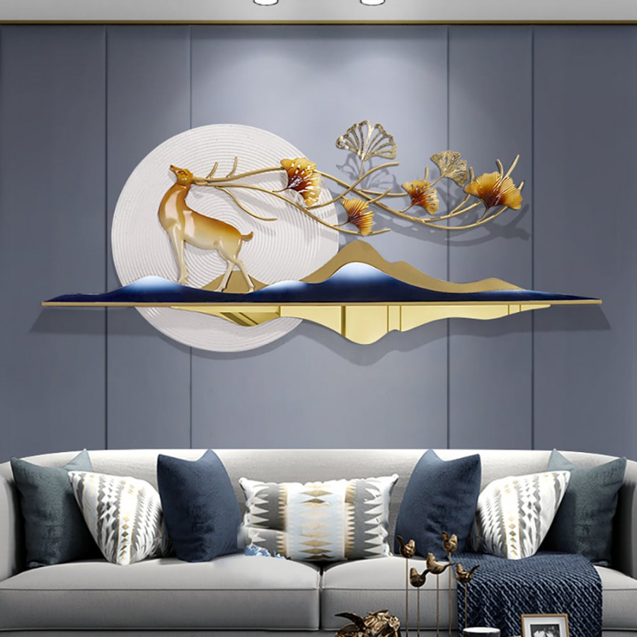 HMR - 55" Modern Metal Wall Decor with Hollow-Out Ginkgo Leaves & Deer for Living Room