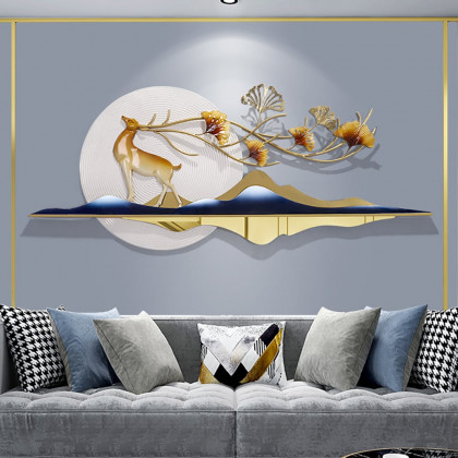 HMR - 55" Modern Metal Wall Decor with Hollow-Out Ginkgo Leaves & Deer for Living Room