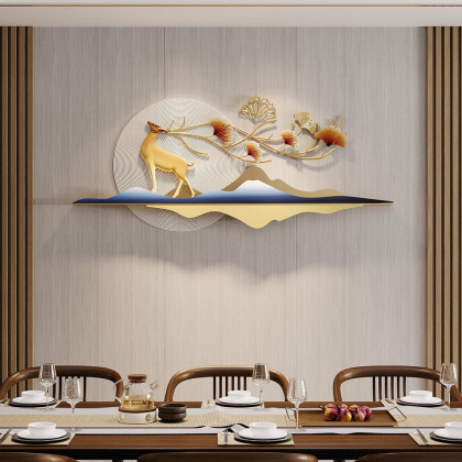 HMR - 55" Modern Metal Wall Decor with Hollow-Out Ginkgo Leaves & Deer for Living Room
